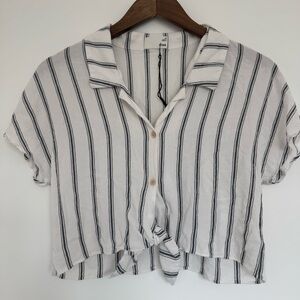 XS Wilfred Free Tie-Front Blouse White and Gray Strips Crop Button Down Shirt